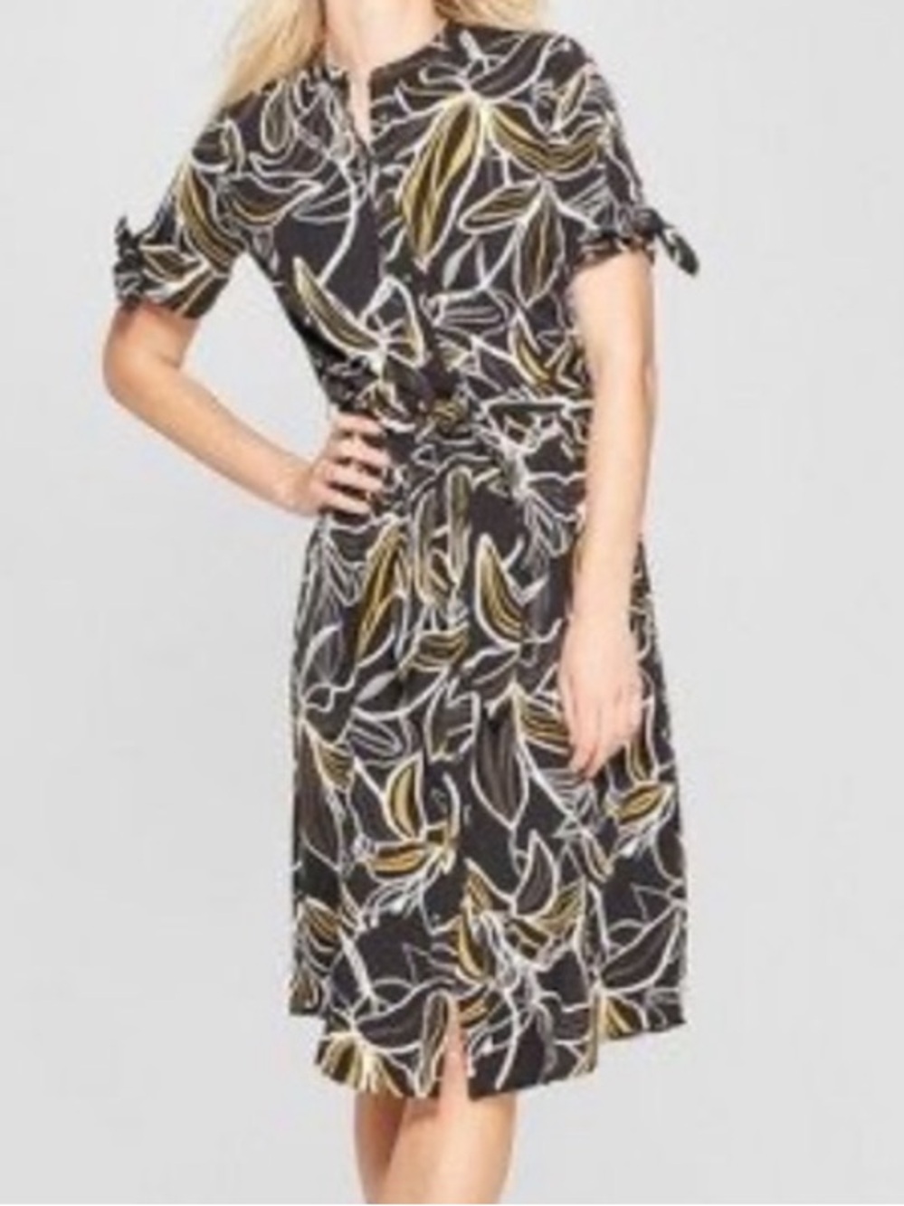 Who What Wear Black Printed Tie-Waist Shirtdress with Yellow Leaf Motif